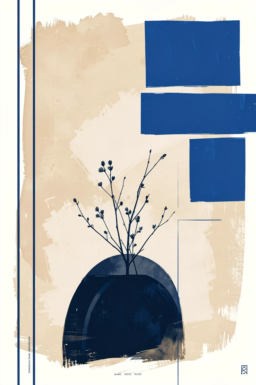 Calm Blues-3. A dark blue rounded vase with delicate sprigs is surrounded by simple blue geometric blocks on a warm cream ground.