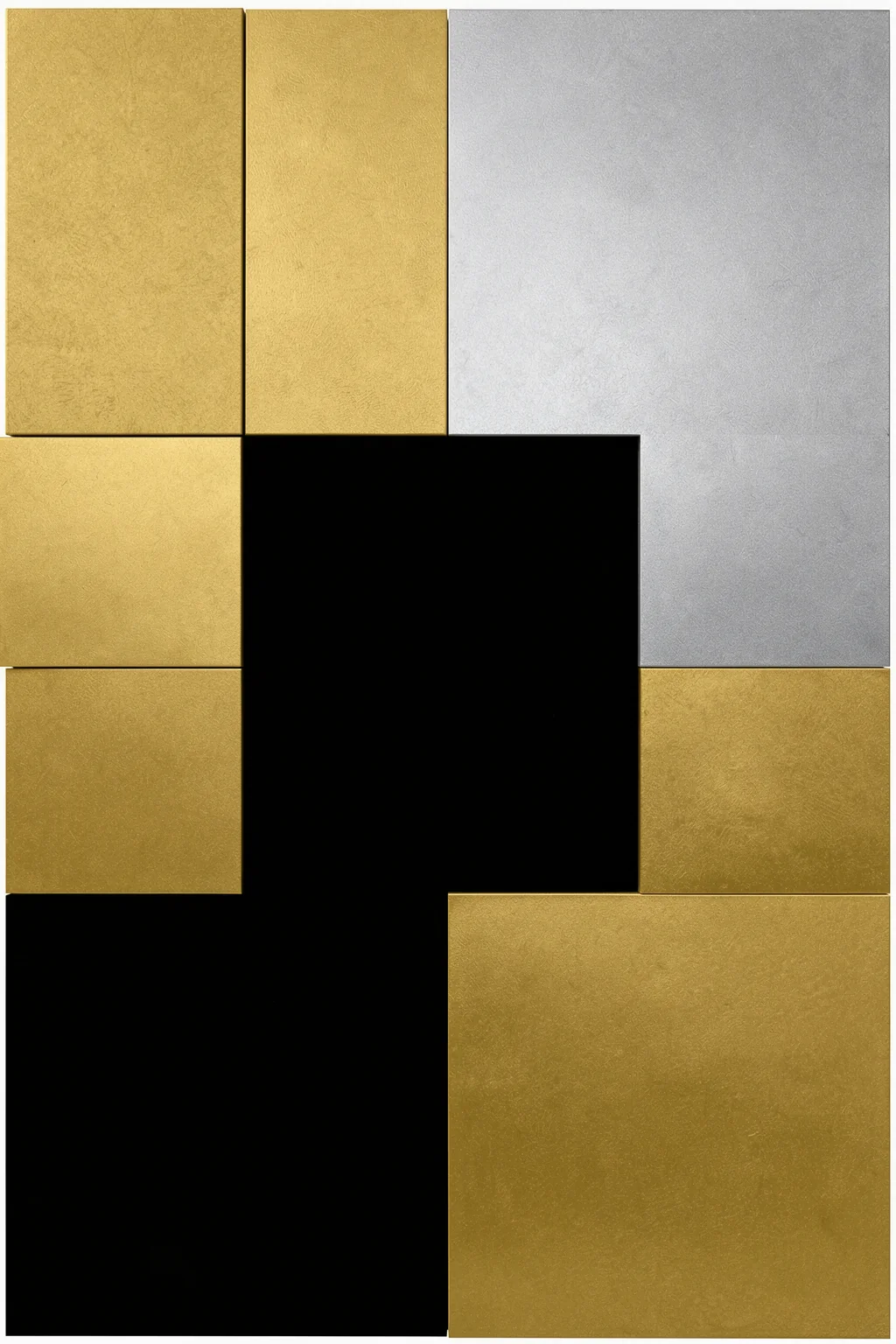 Geometric Metal Textures. Textured gold, silver and black rectangles form a tightly fitted geometric grid.