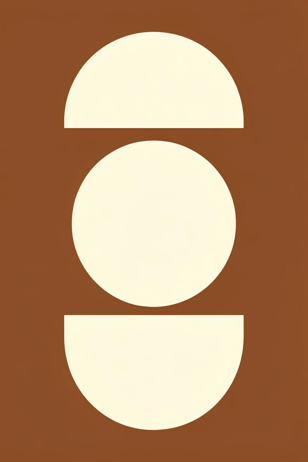 Terracotta Abstract Balance. Three ivory geometric shapes—a semicircle, circle and curved bowl-like form—are vertically arranged on terracotta.
