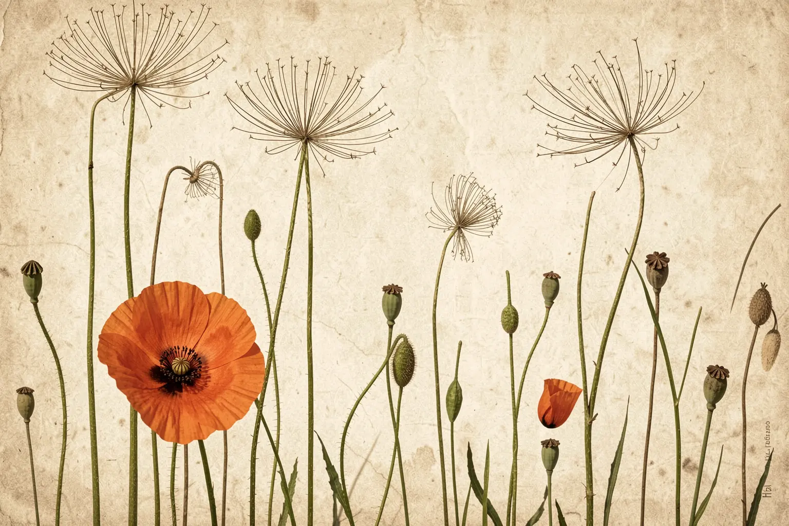 Poppy Meadow. An open red-orange poppy stands among slender stems and seed heads on aged parchment.
