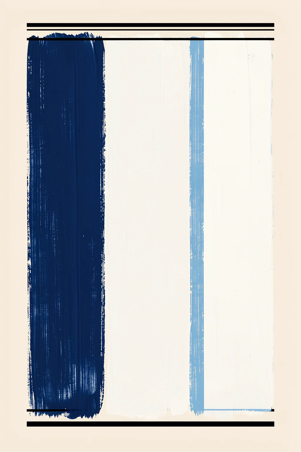 Calm Geometric Blues. Broad navy, white and pale-blue vertical fields are framed by thin black horizontal lines on cream.