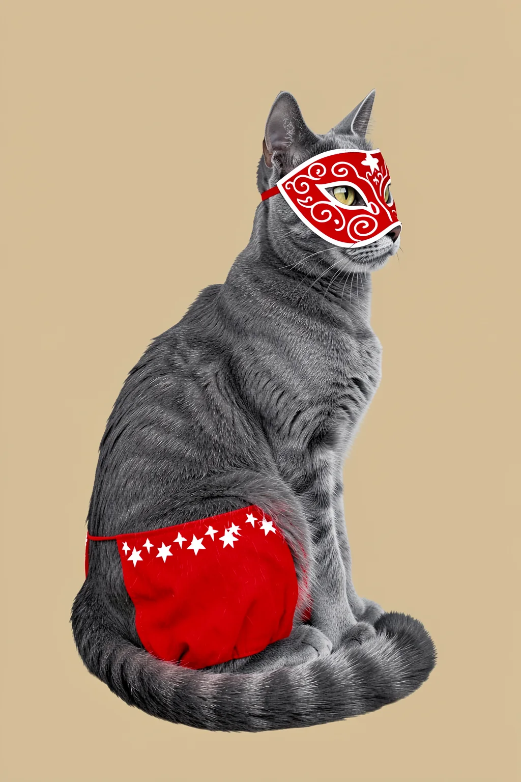 Funny Luchador Cat. A grey cat sits in a red-and-white wrestling mask and matching trunks against a warm beige background.