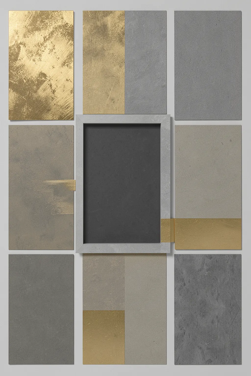 Abstract Gold Geometry. A dark recessed rectangle is surrounded by textured gold, silver and grey panels in a geometric composition.