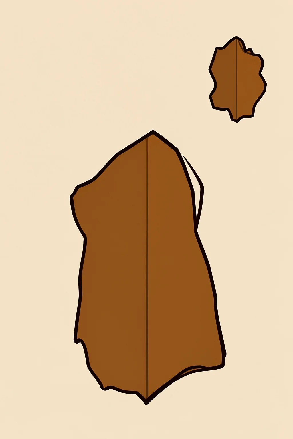 Abstract Silhouette. Two irregular brown silhouettes outlined in black float on a pale cream background.