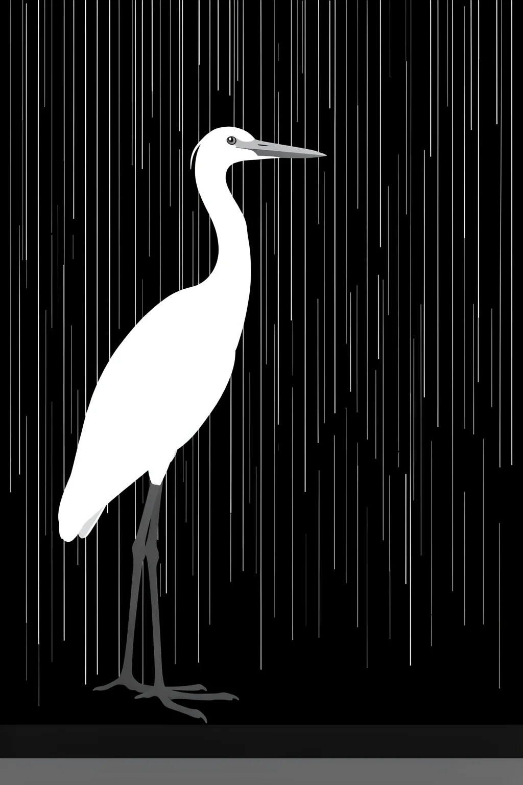 Egret In The Rain. A white egret stands amid fine vertical rain lines on a black background above a narrow grey base.