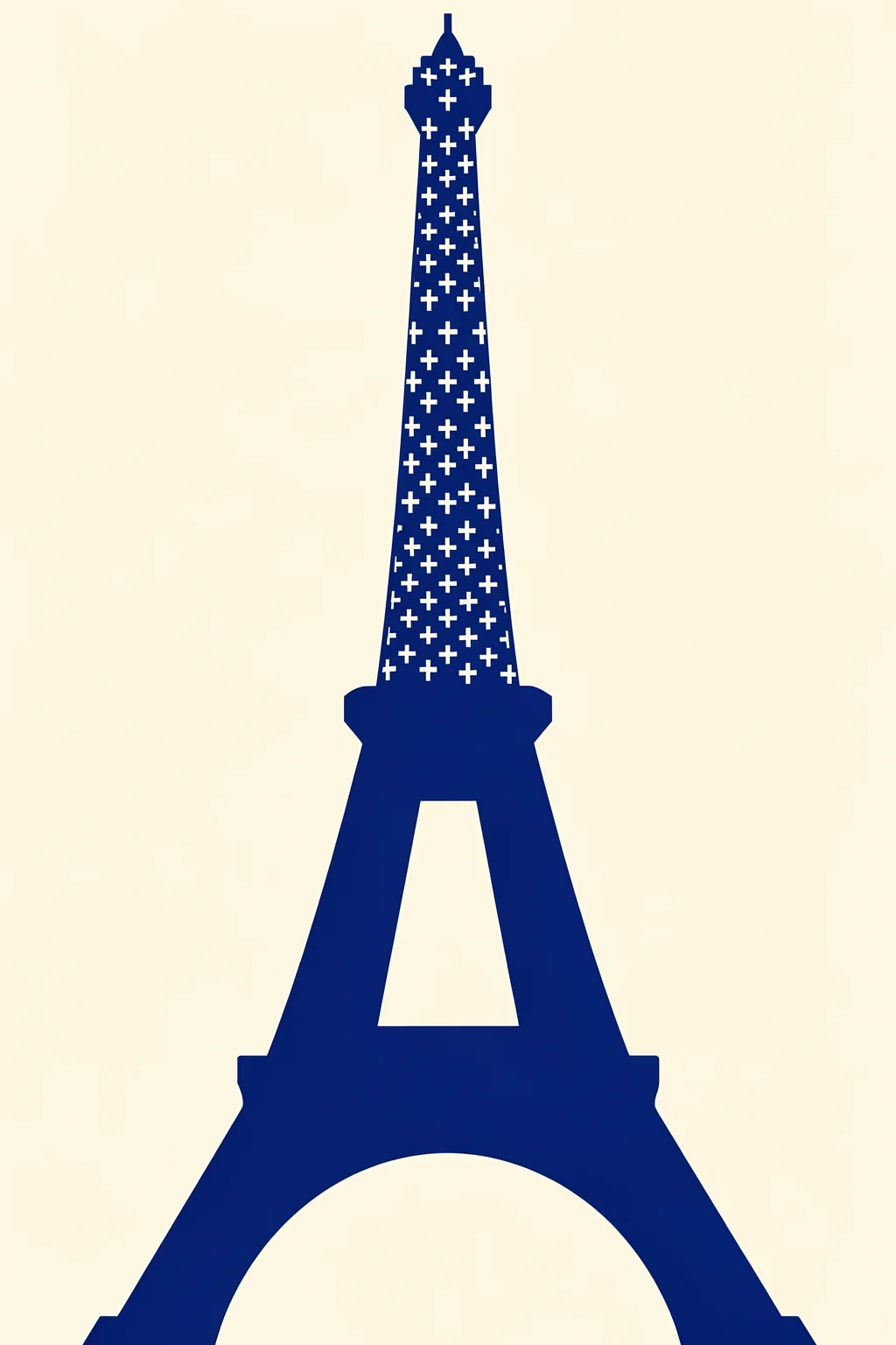 Blue Eiffel Tower. A deep blue Eiffel Tower silhouette patterned with small white crosses stands against warm ivory.