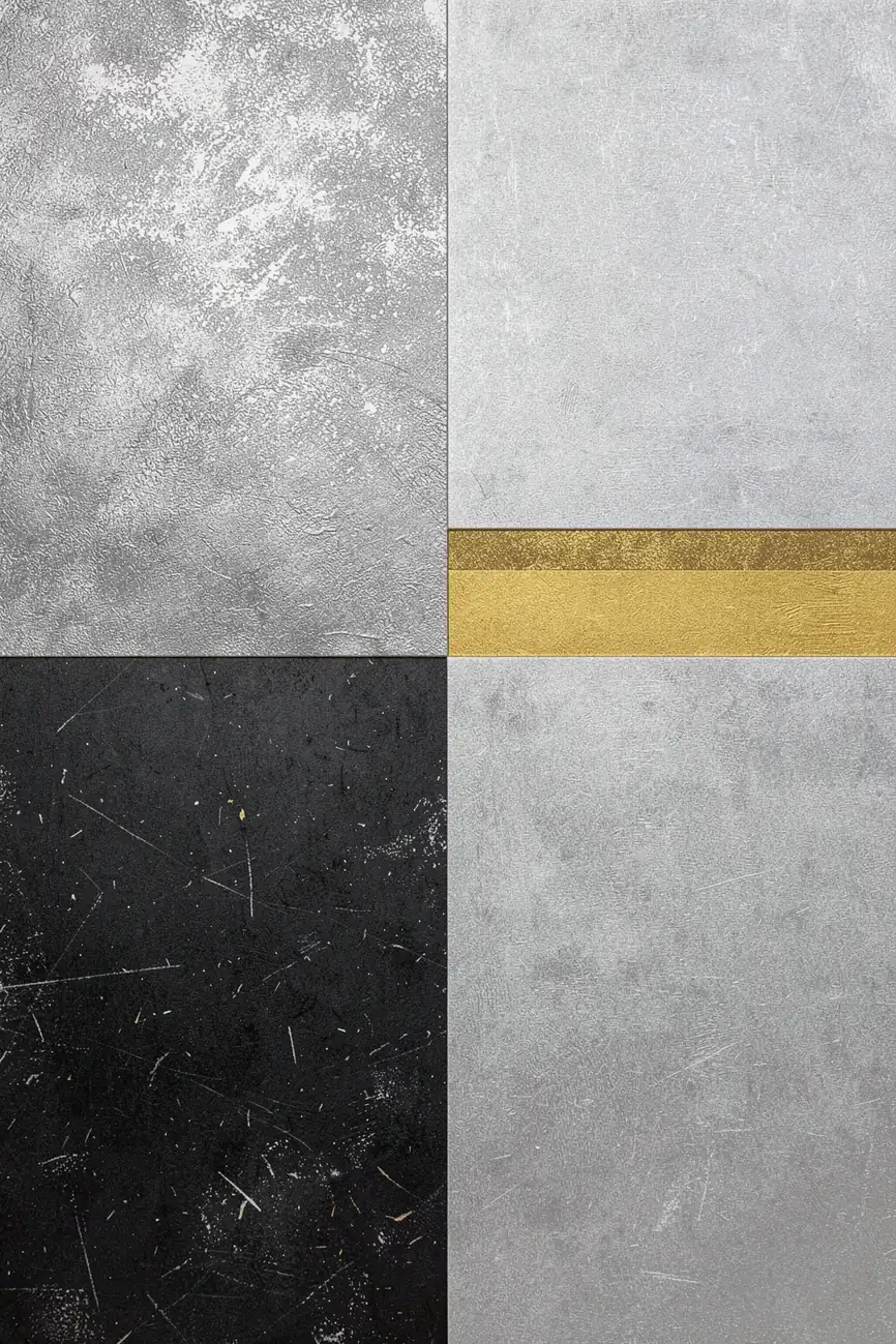 Modern Gold Gray Abstract. Textured grey, black and gold rectangular panels form a balanced abstract grid.