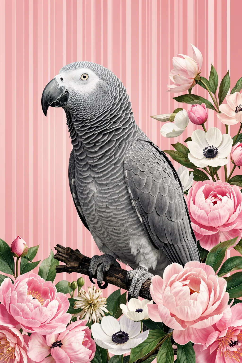 Elegant Parrot Blooms. A grey parrot perches among pink blossoms and green leaves against a vertically striped pink backdrop.