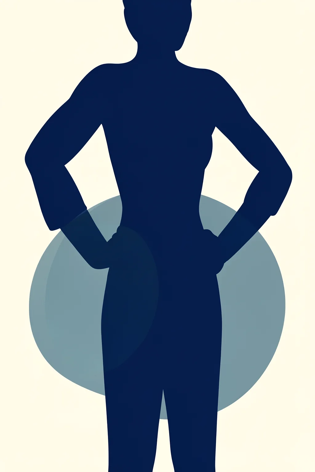 Abstract Female Form. A minimal navy figure stands with hands on hips, overlapping a muted blue-grey circle on an ivory ground.