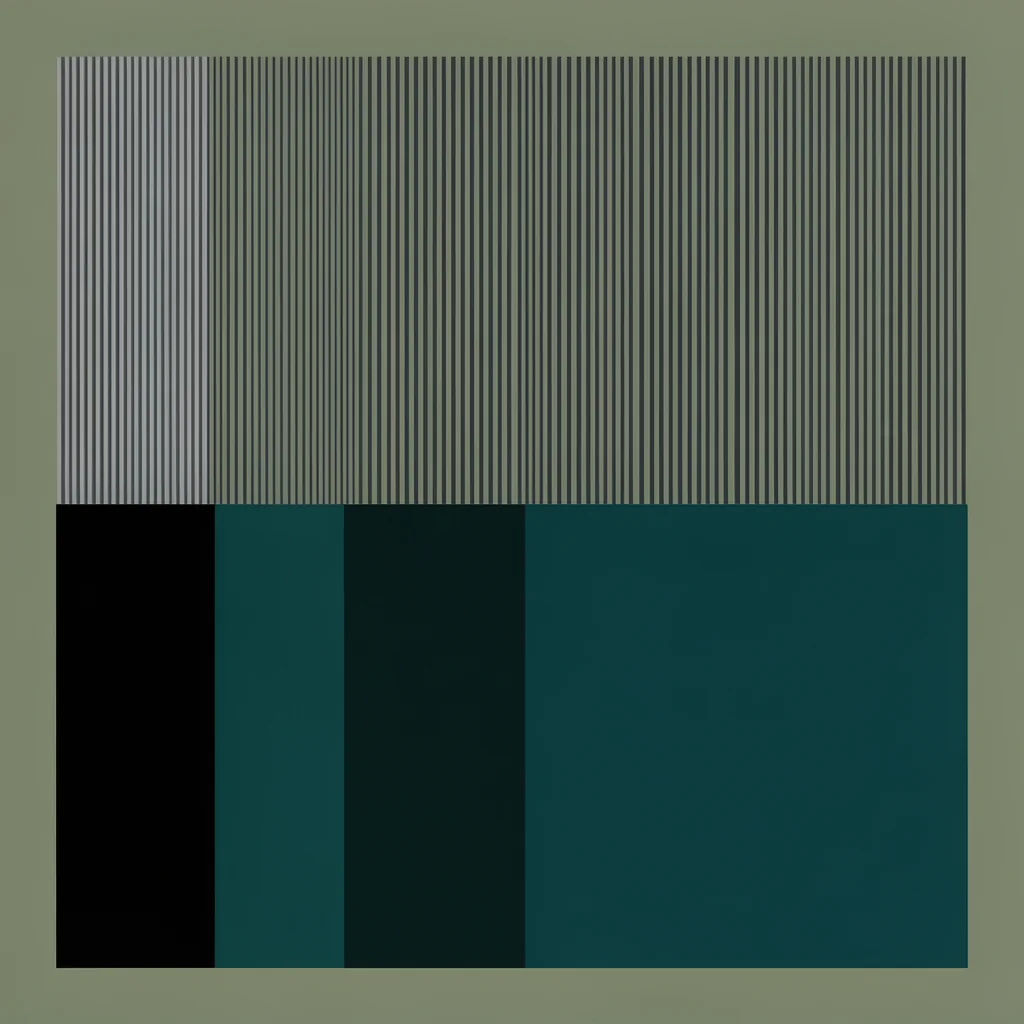 Geometric Color Block. Fine dark vertical stripes sit above a row of black and deep teal color blocks on a muted sage ground.