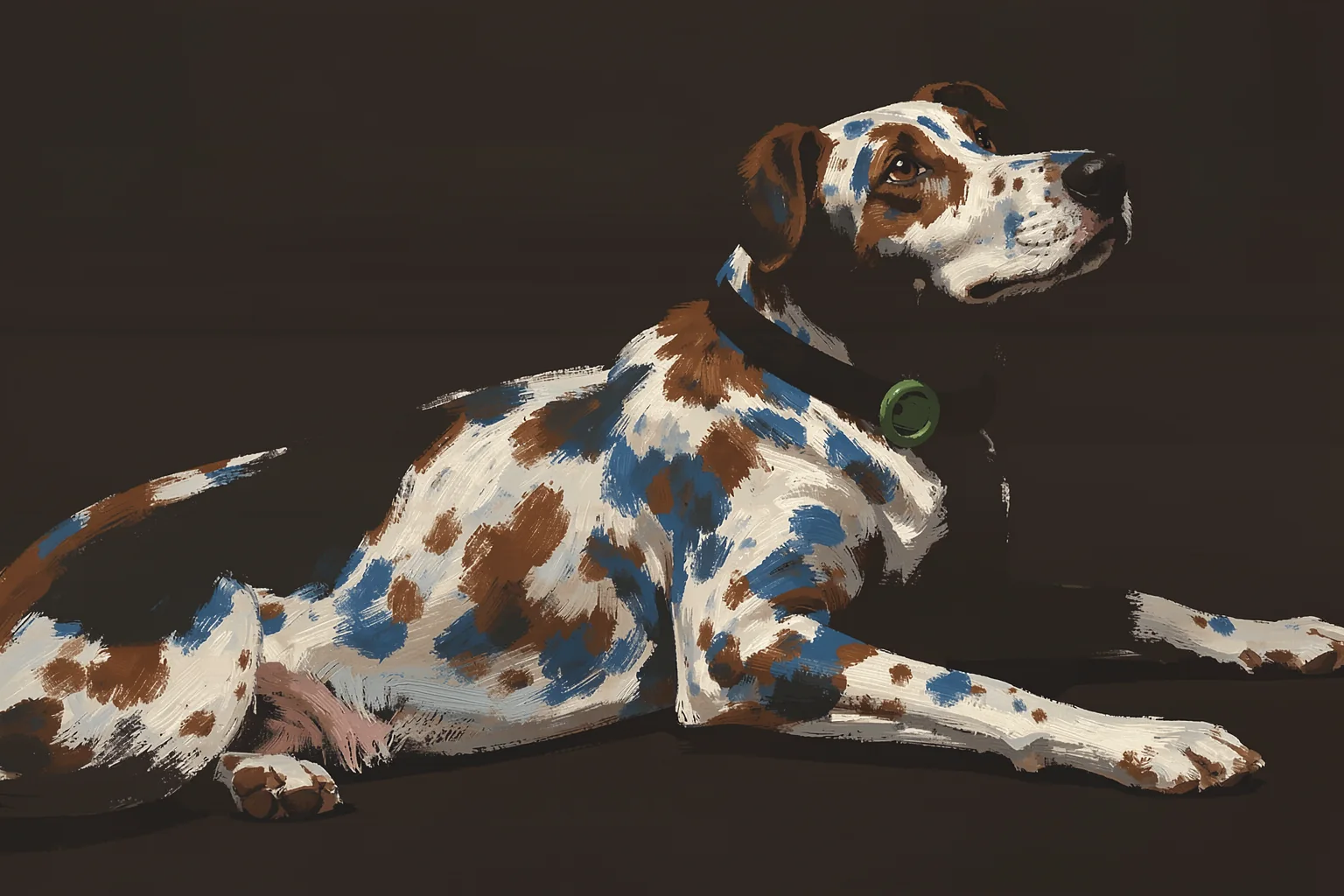Running Blue Dog. A painterly white, brown and blue dog reclines against a deep brown background, looking upward.