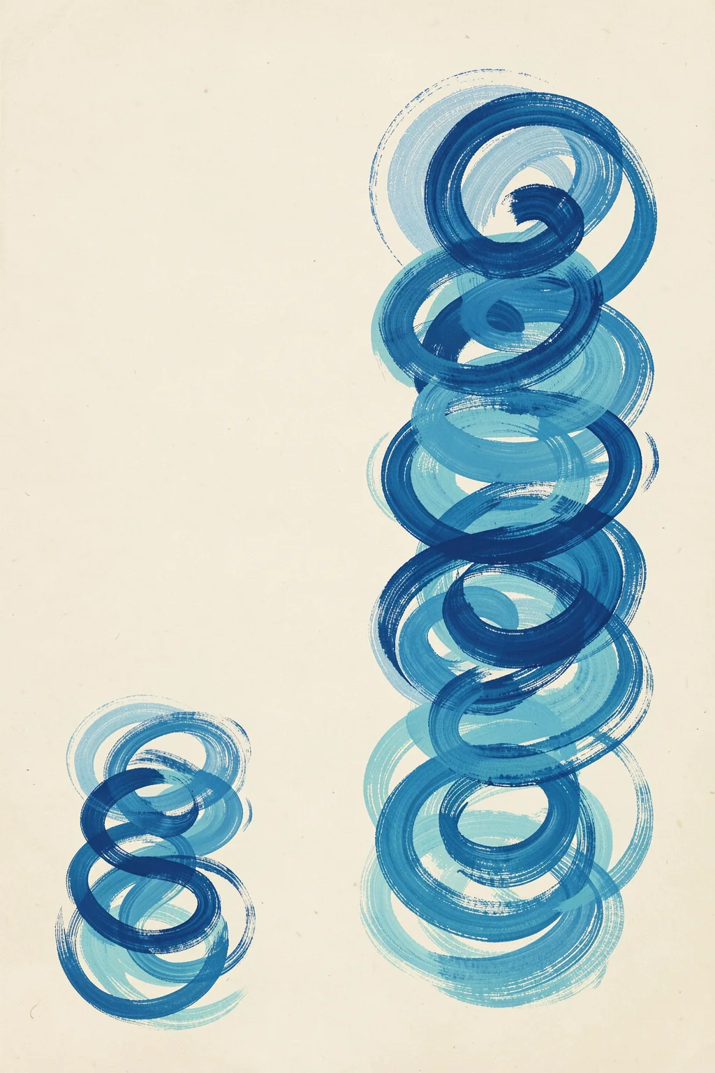 Indigo Brushstroke Columns. Loose overlapping brushstroke loops in several shades of blue rise vertically on a warm cream ground.