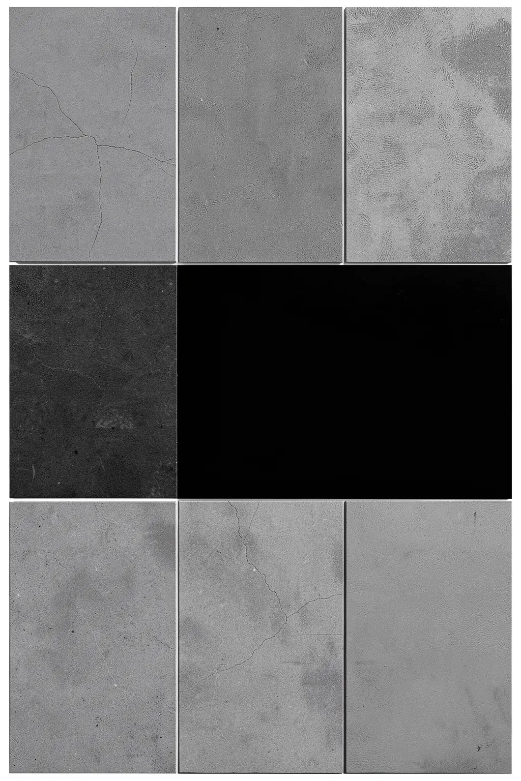 Abstract Textured Blocks. A grid of grey concrete-textured panels is interrupted by broad black rectangles.