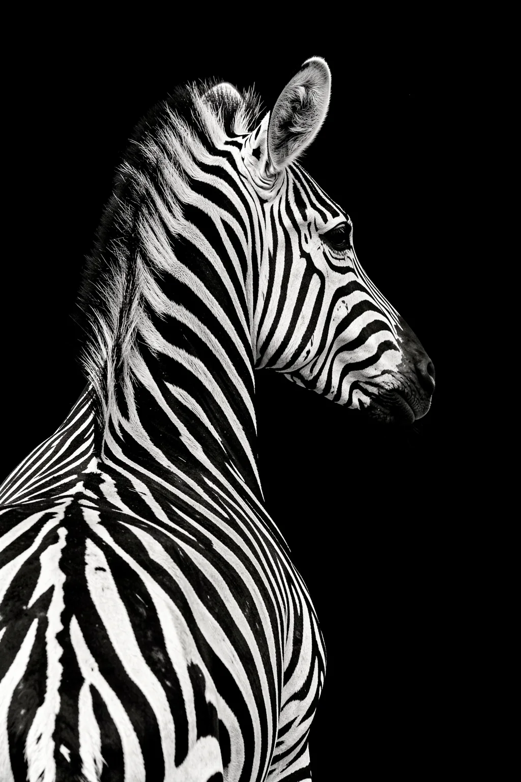 Elegant Zebra Stripes. A close side profile of a zebra, rendered in black and white, emerges against a solid black background.