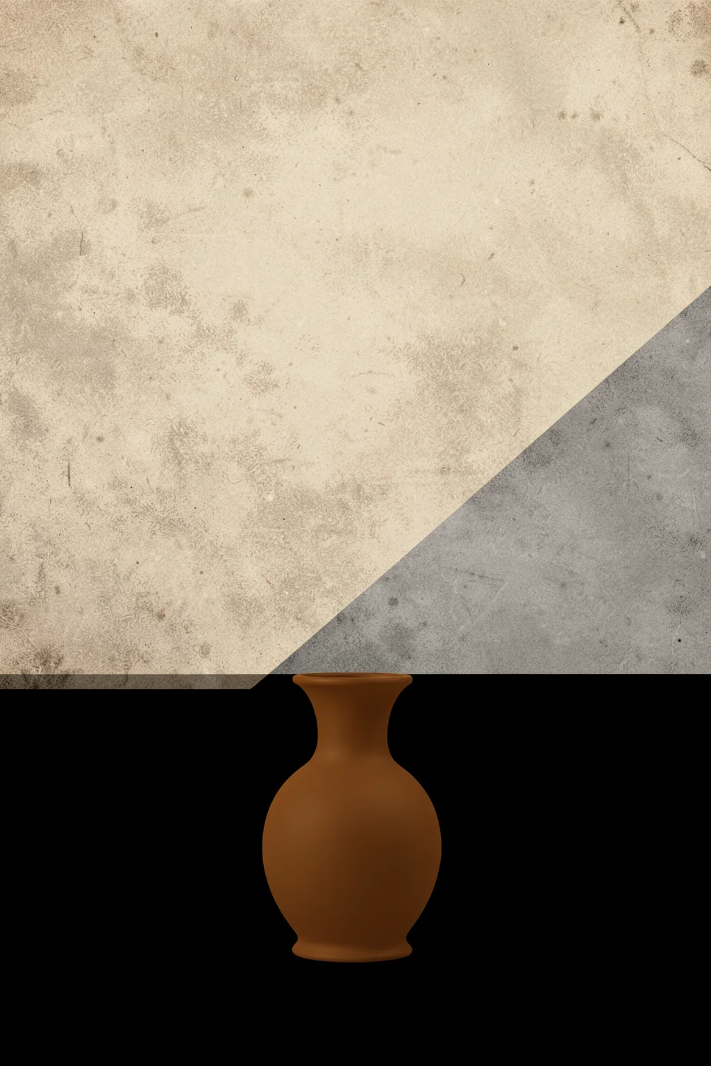 Earthy Tone Vase. A simple brown vase is centered beneath diagonally divided beige and grey textured fields, with black across the lower half.
