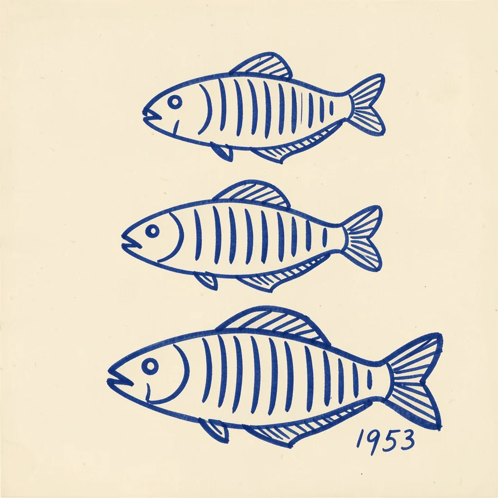 Three Blue Fish. Three blue outlined fish are stacked vertically on cream, with “1953” handwritten beside the lowest fish.