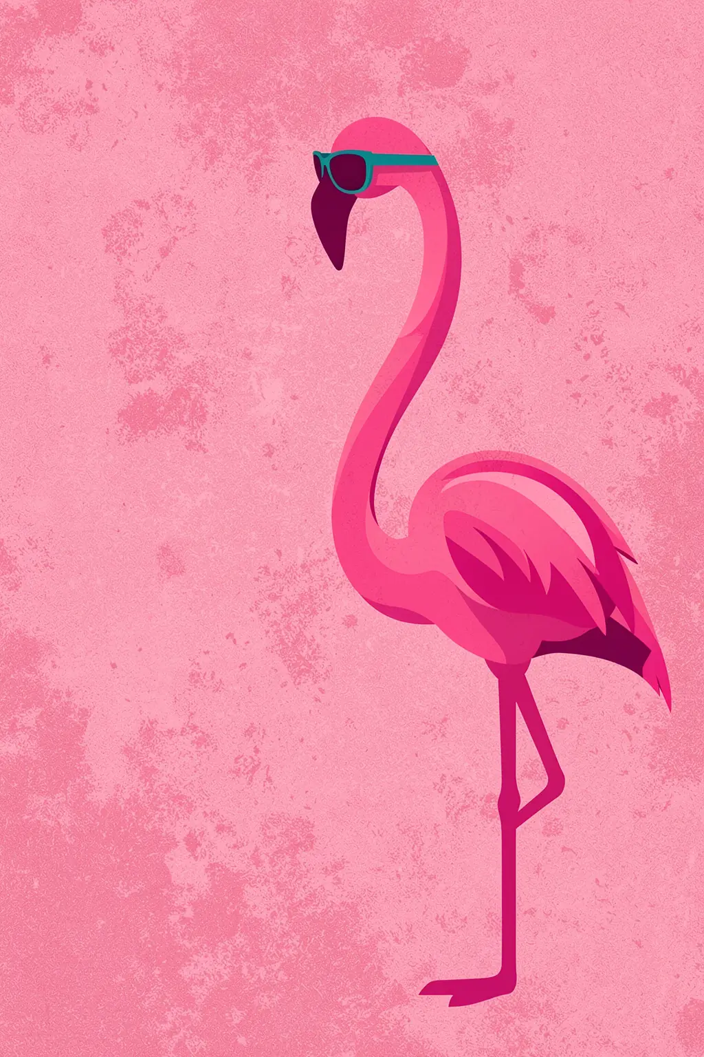 Pink Flamingo Sunglasses. A bright pink flamingo wearing teal sunglasses stands against a textured pink background.