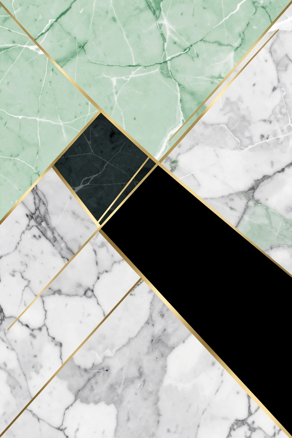 Geometric Marble Gold Design. Mint and white veined marble shapes and dark charcoal forms are divided by fine gold lines.