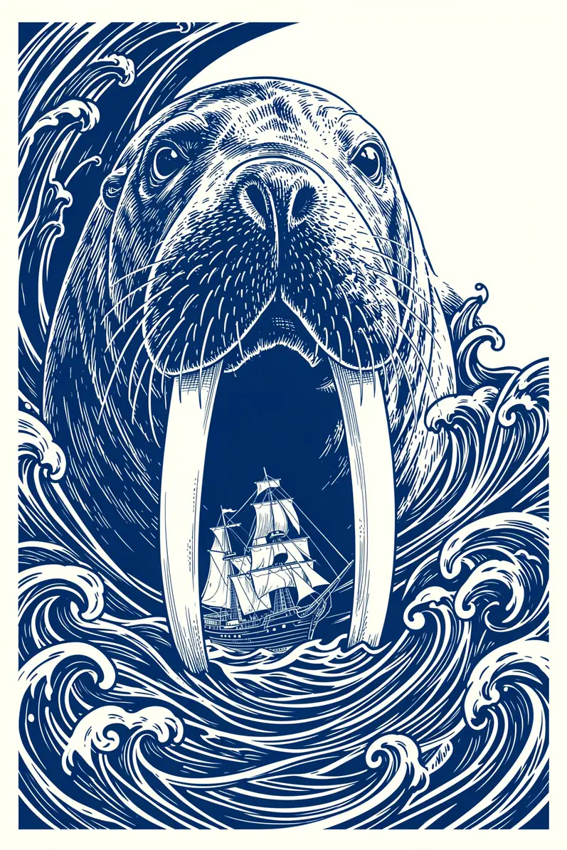 Salty Old Walrus Tattoo. A detailed blue-and-white walrus surrounded by curling waves frames a sailing ship between its tusks.