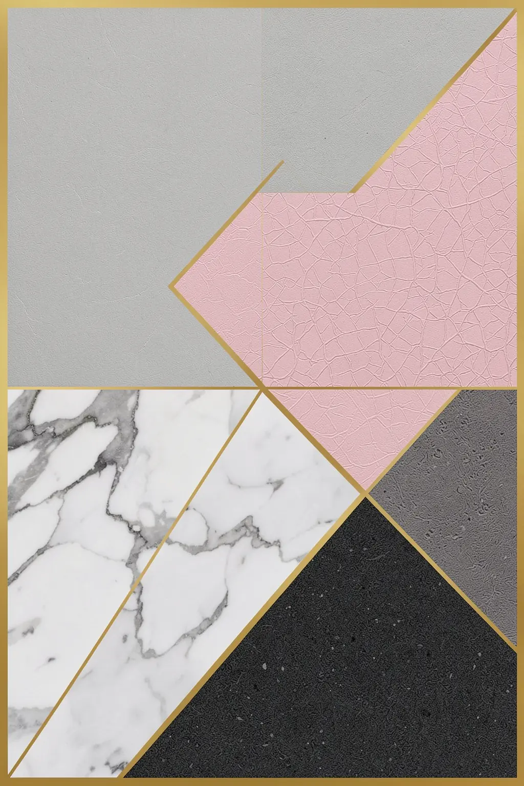 Geometric Marble Blush. Blush, grey, white-marble and black textured shapes form a geometric collage outlined with gold lines.