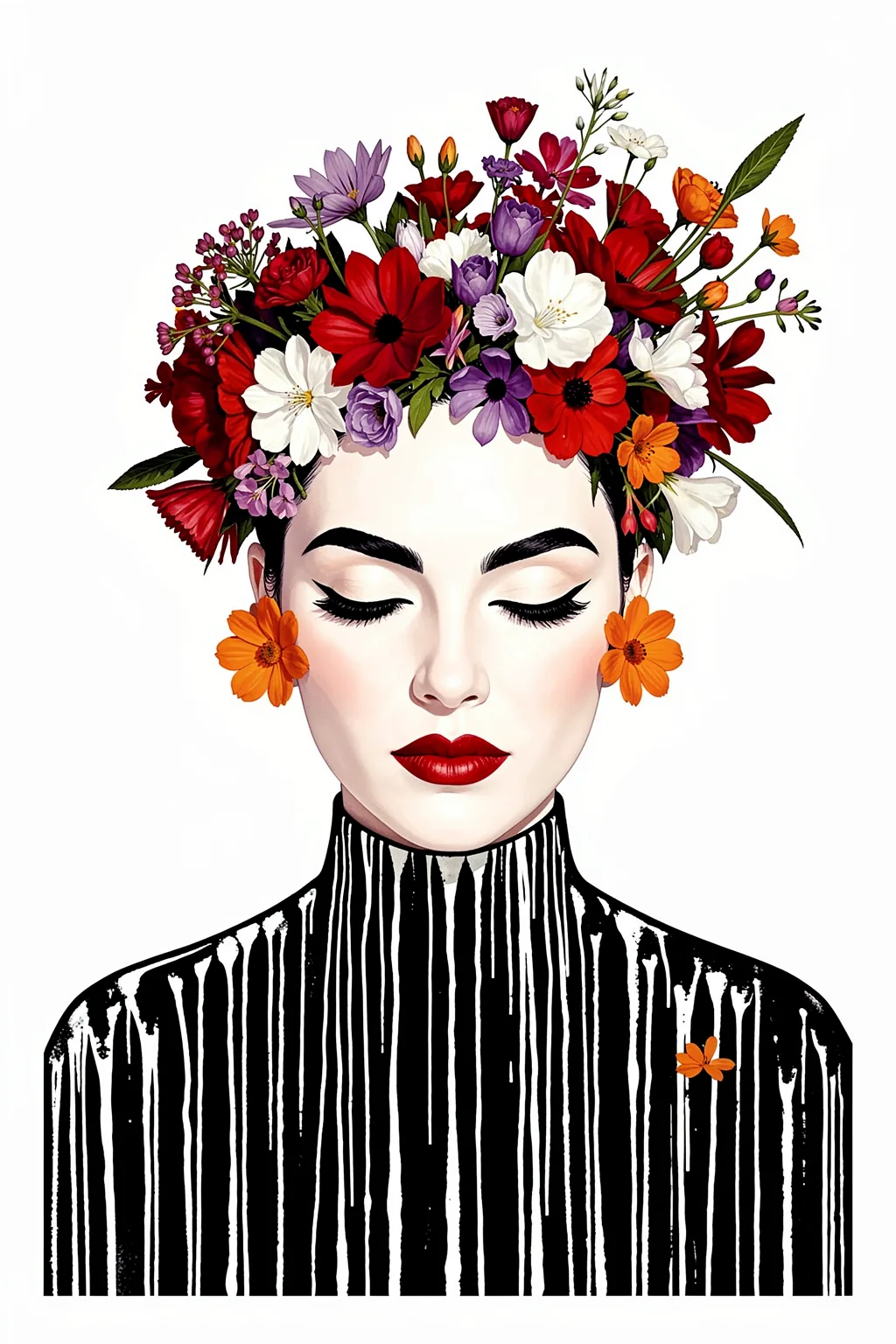 Floral Serenity. A woman with closed eyes wears a crown of colorful flowers above a black-and-white striped top.