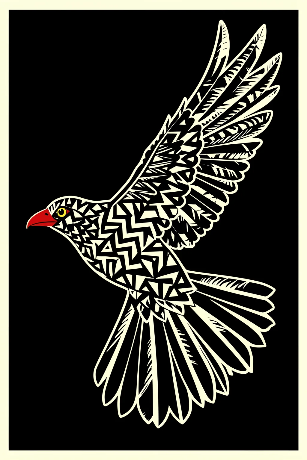 Speckled Bird Flight. A stylized flying bird with cream geometric markings and a red beak crosses a black field.