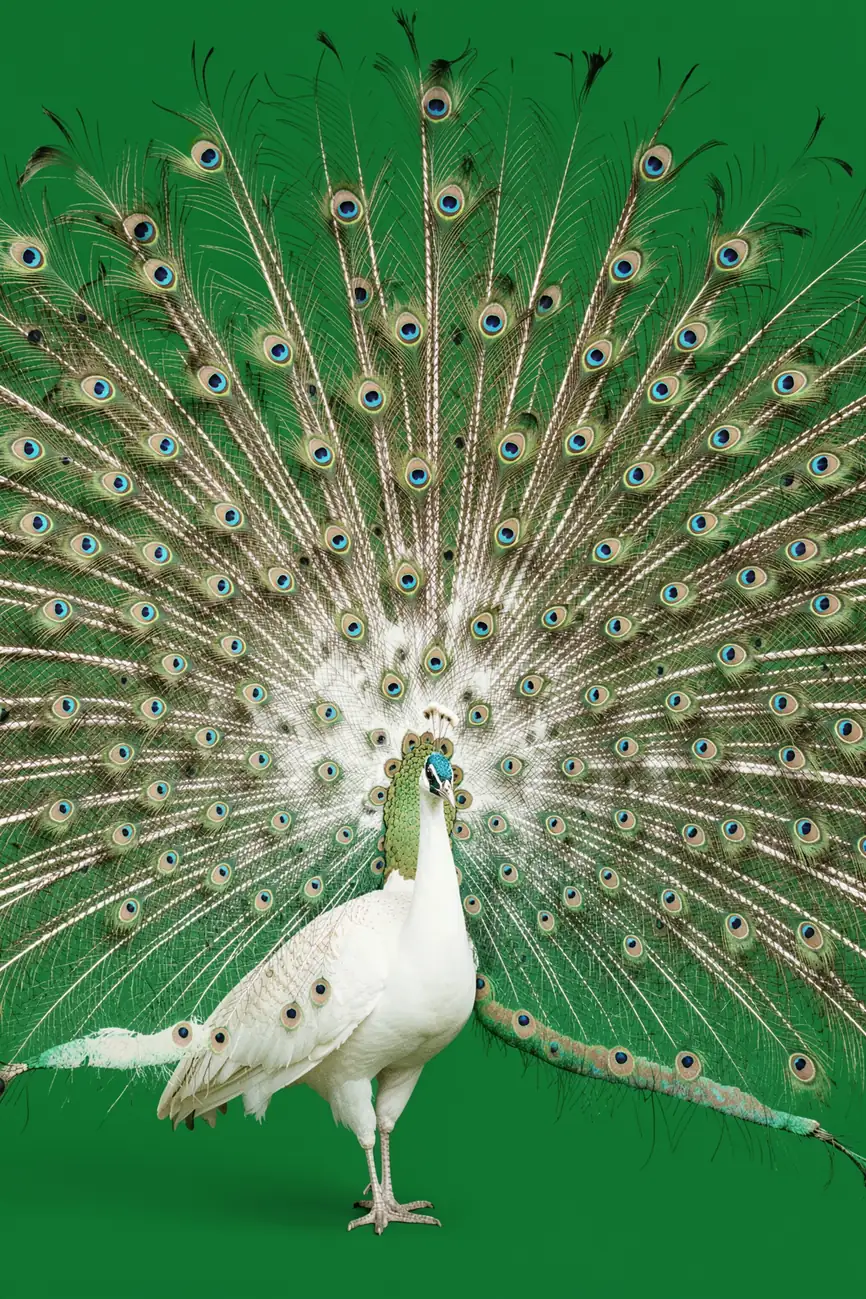 Peacock - Cropped. A white peacock stands before a wide fan of eye-spotted feathers against a deep green background.