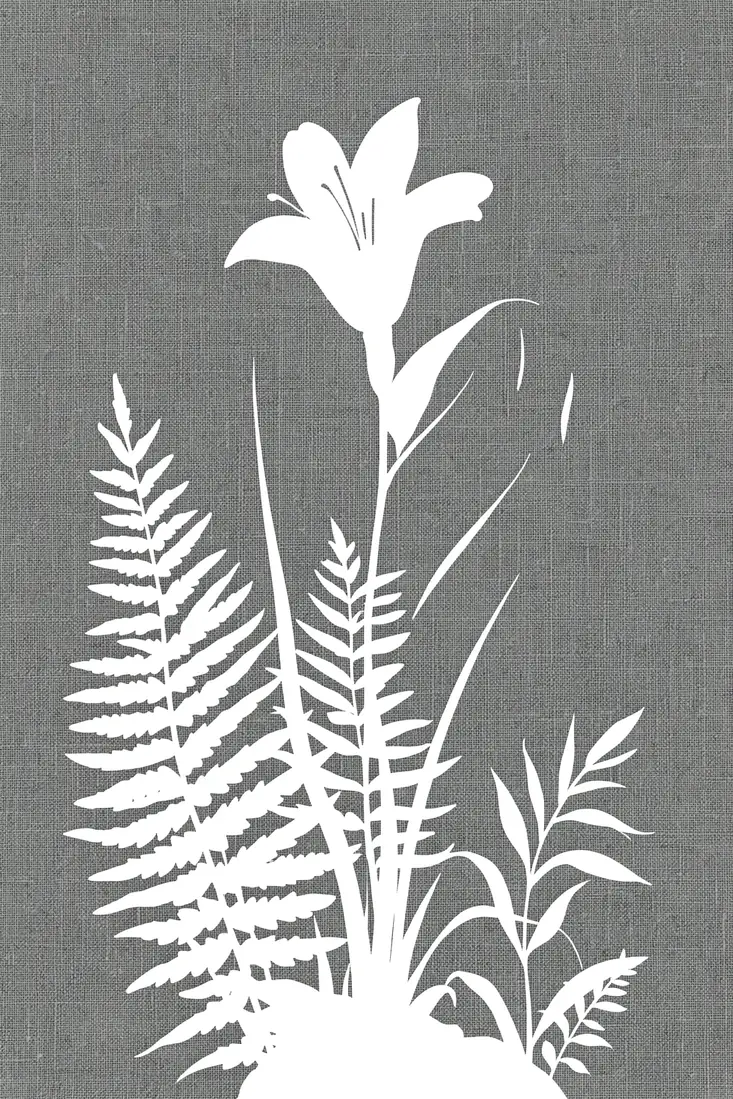 Botanical Silhouette Study. White flower and fern silhouettes rise across a grey, finely textured background.