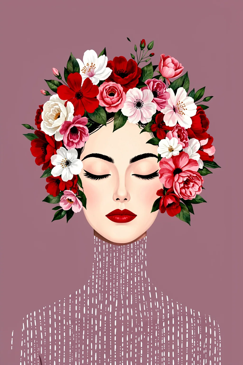Floral Serenity. A woman with closed eyes wears a crown of red, pink and white flowers against a muted mauve background.