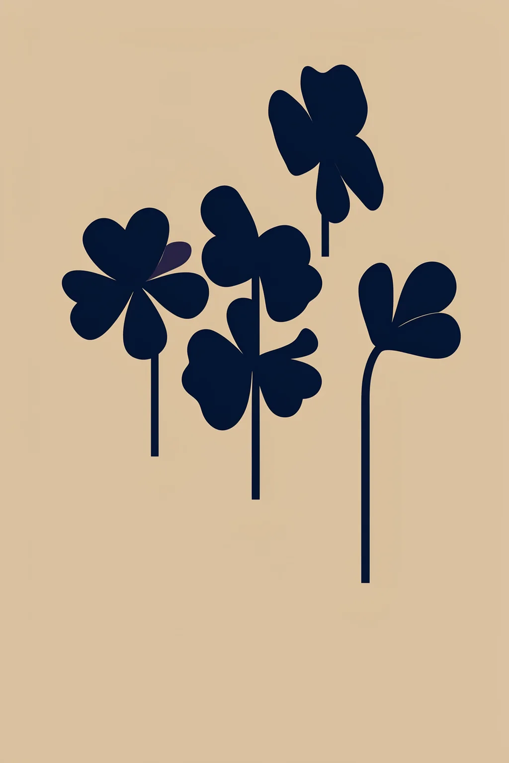 Lucky Clover Field. Dark navy clover silhouettes with long stems are spaced across a warm tan background.