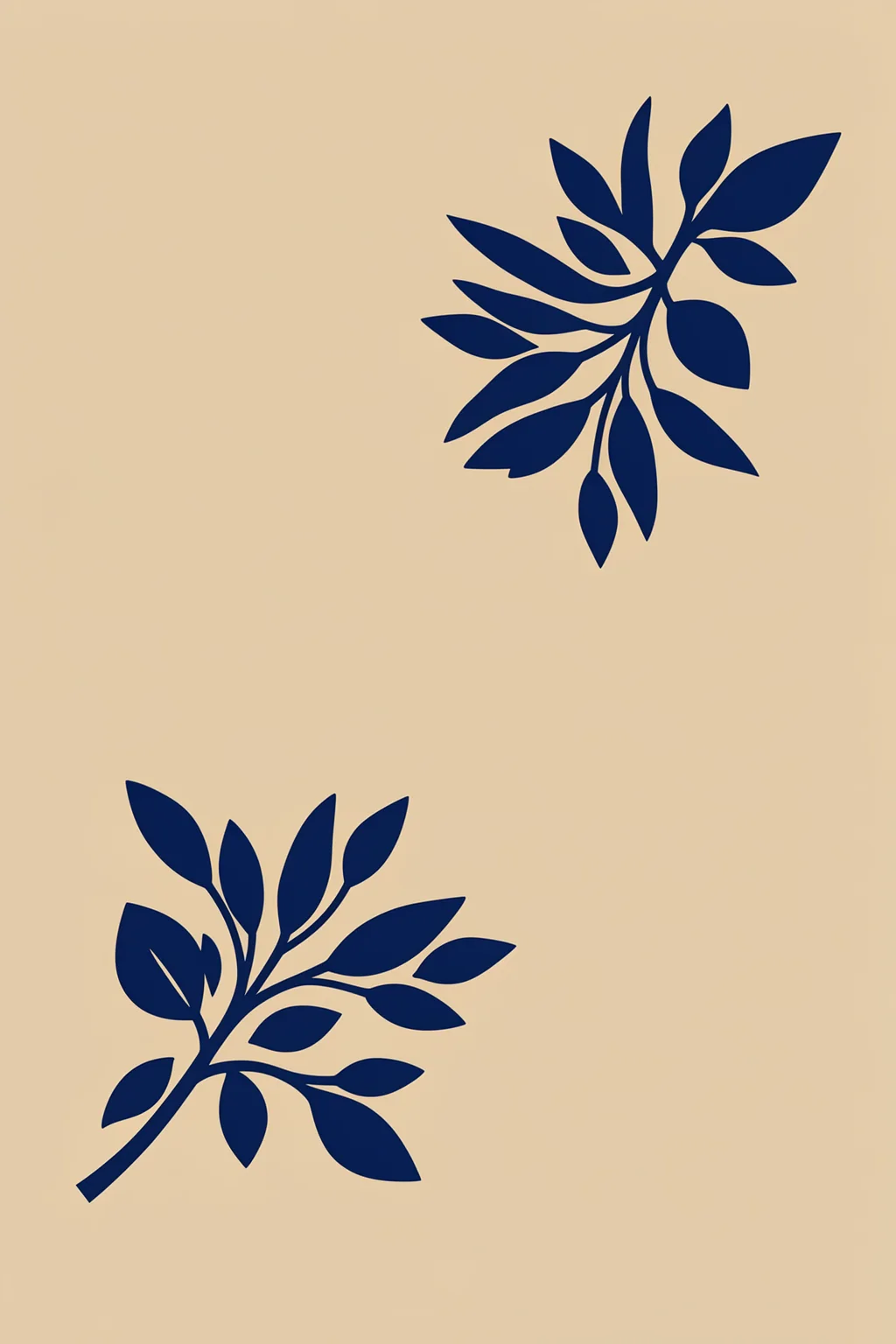 Organic Blue Leaves. Two dark navy leafy branches sit diagonally apart on a warm beige background.