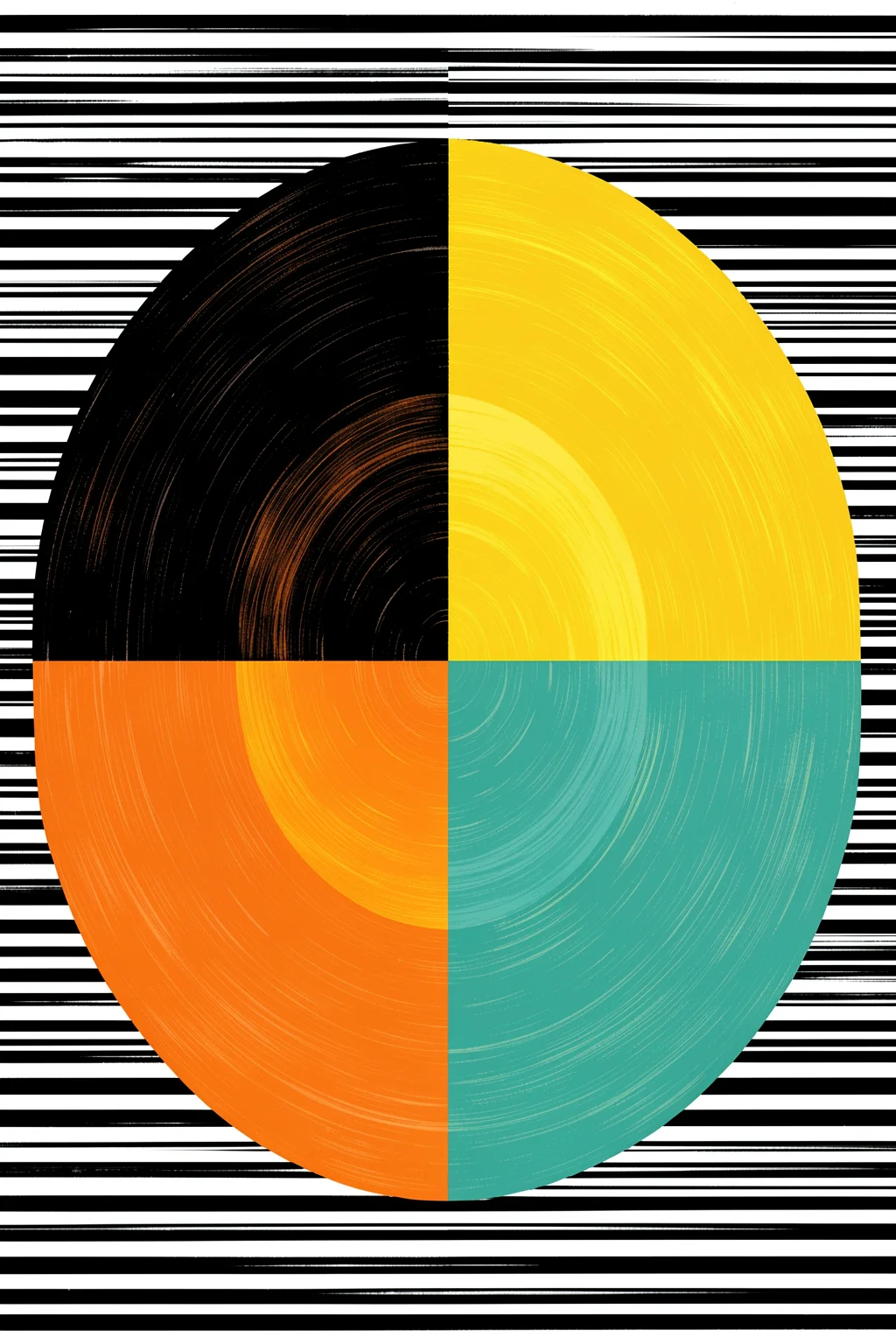Colorful Geometric Interlock. A four-part circular composition in black, yellow, orange and teal overlays thin black-and-white horizontal stripes.