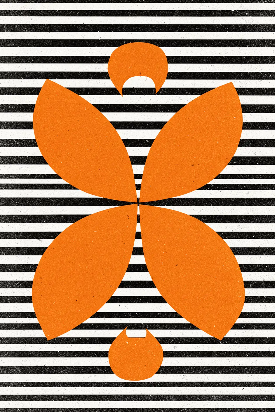 Orange Black Grunge Stripes. A large orange four-petal motif overlays distressed black-and-cream horizontal stripes.
