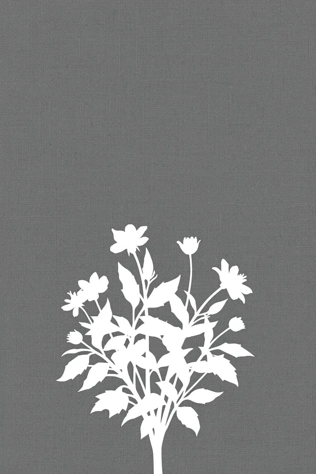 White Floral Silhouette. A compact white silhouette of flowering stems and leaves sits low on a grey, finely textured field.