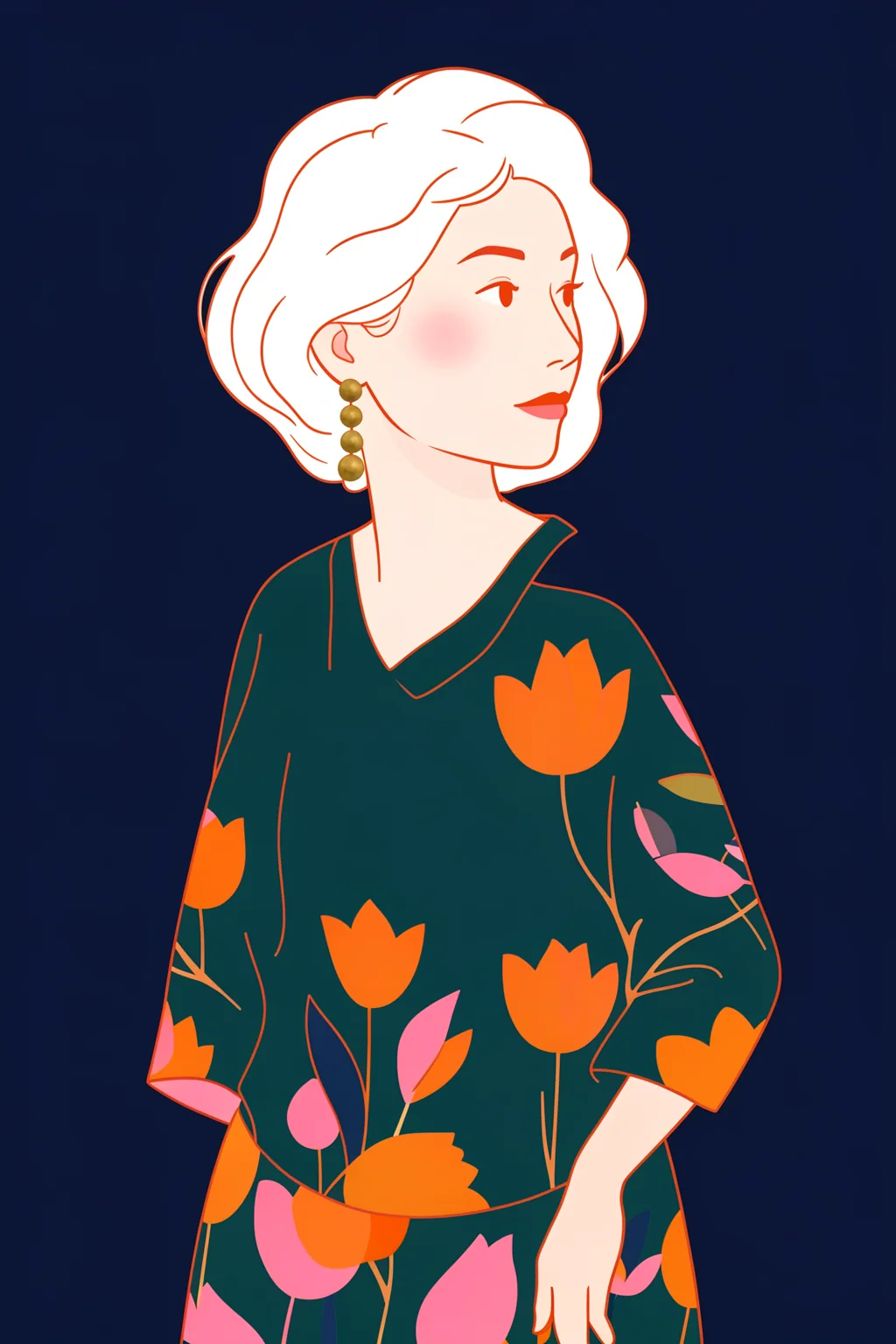 Elegant Floral Woman. A short-haired woman in a dark floral dress stands against navy, outlined in orange and white.
