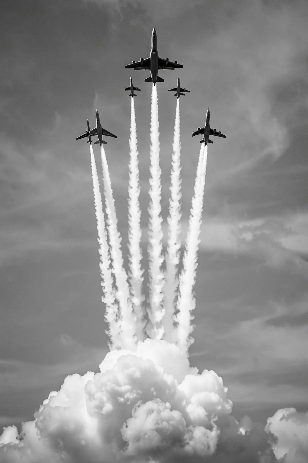 Formation Smoke Trails. Five aircraft fly above clouds in a monochrome sky, leaving tall white smoke trails.
