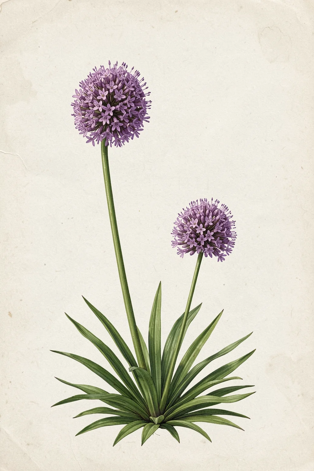Purple Botanical Bloom. Two purple spherical flower clusters rise on long stems above a base of narrow green leaves.