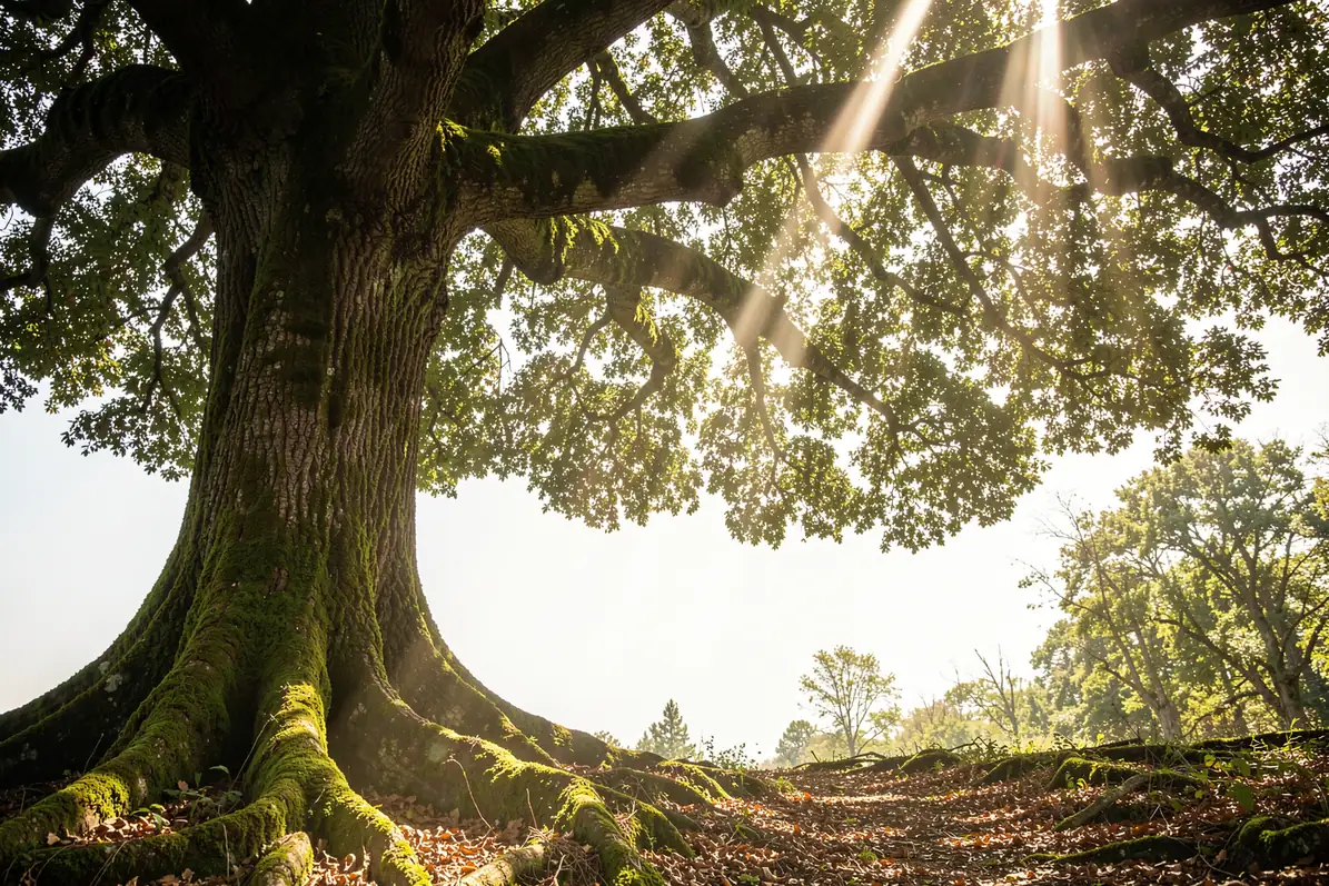 Sunlit Ancient Tree. Sunlight filters through the broad canopy of a large tree onto a woodland path.