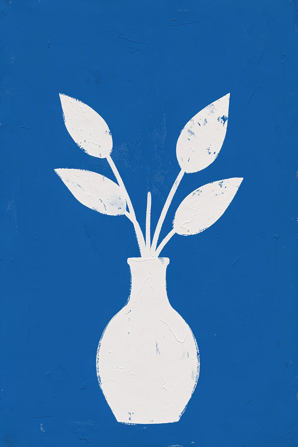 Blue Botanical Vase. A white vase with four white leaves is centered on a textured blue background.