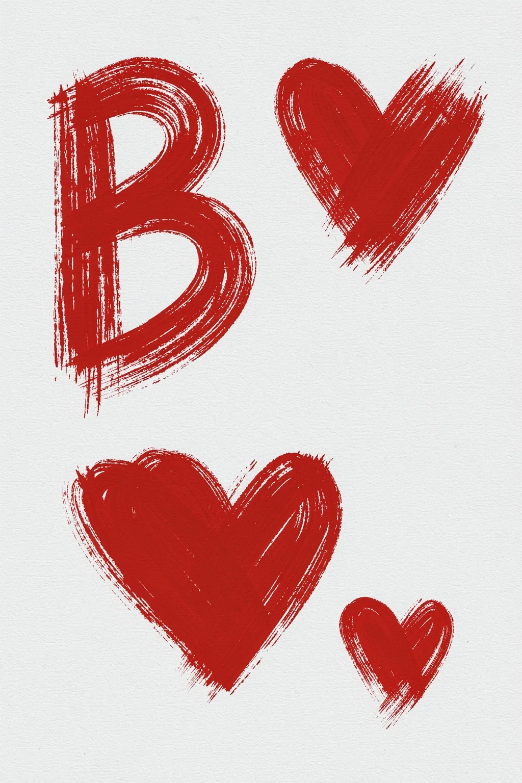 Bonjour Hearts. A large red brushstroke letter B and three red brushstroke hearts sit on a textured white ground.