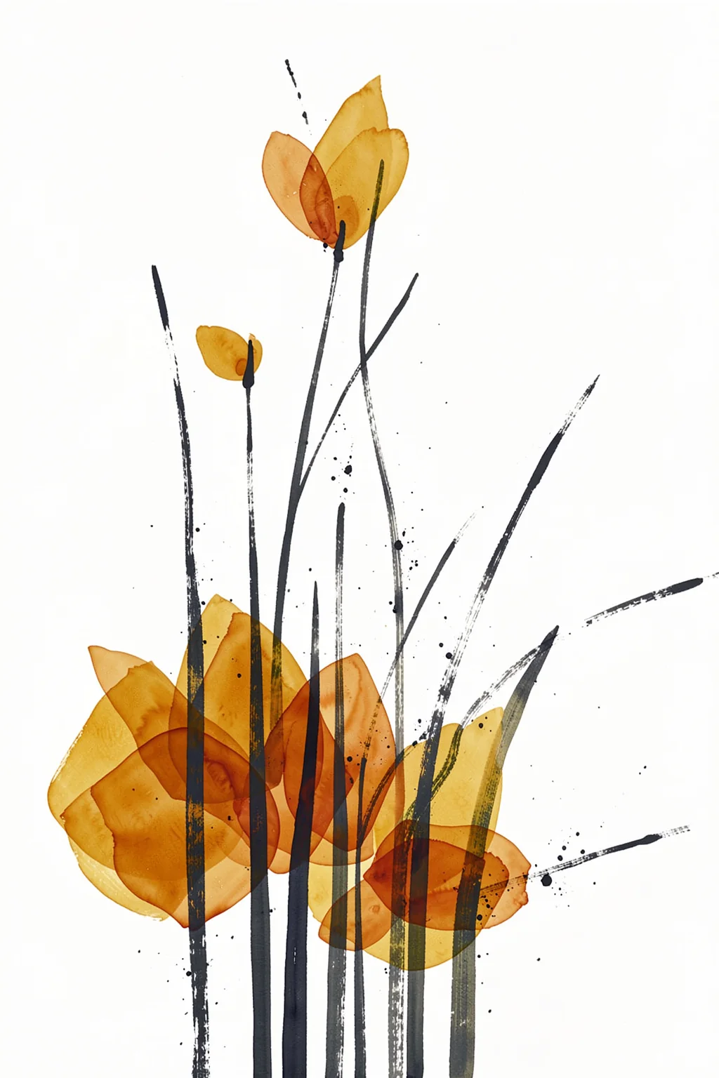 Leaves still life. Translucent amber and ochre leaves overlap with dark, slender stems and splatters on white.