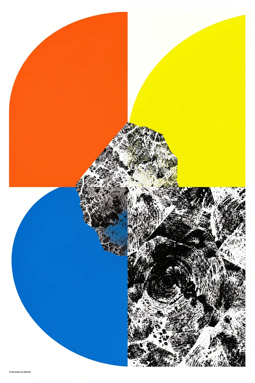 Colorful Geometric Balance. Orange, yellow and blue curved blocks frame a black-and-white textured abstract form on white.