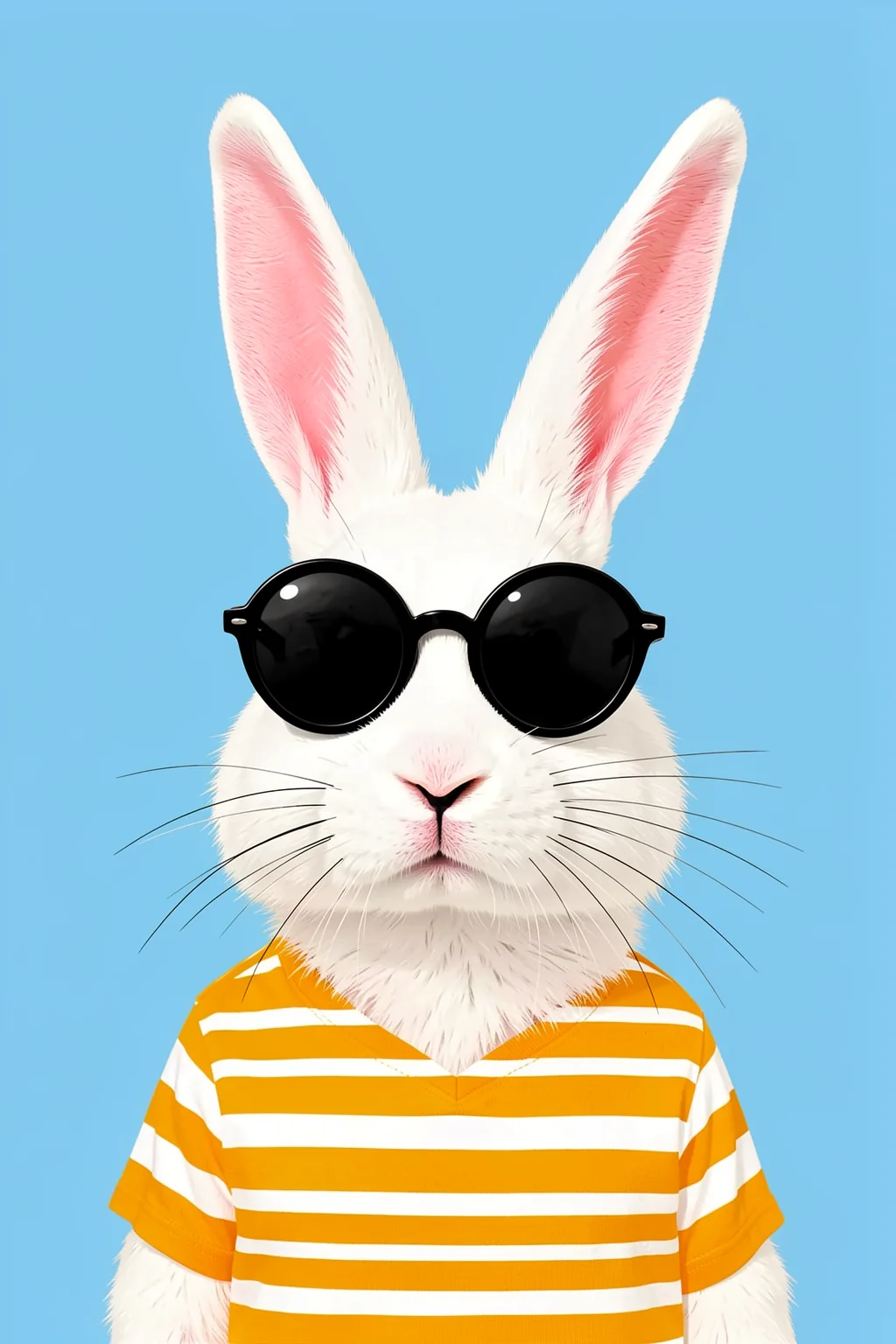 Cool Bunny With Shades. A white rabbit wearing round black sunglasses and an orange-and-white striped shirt stands against blue.