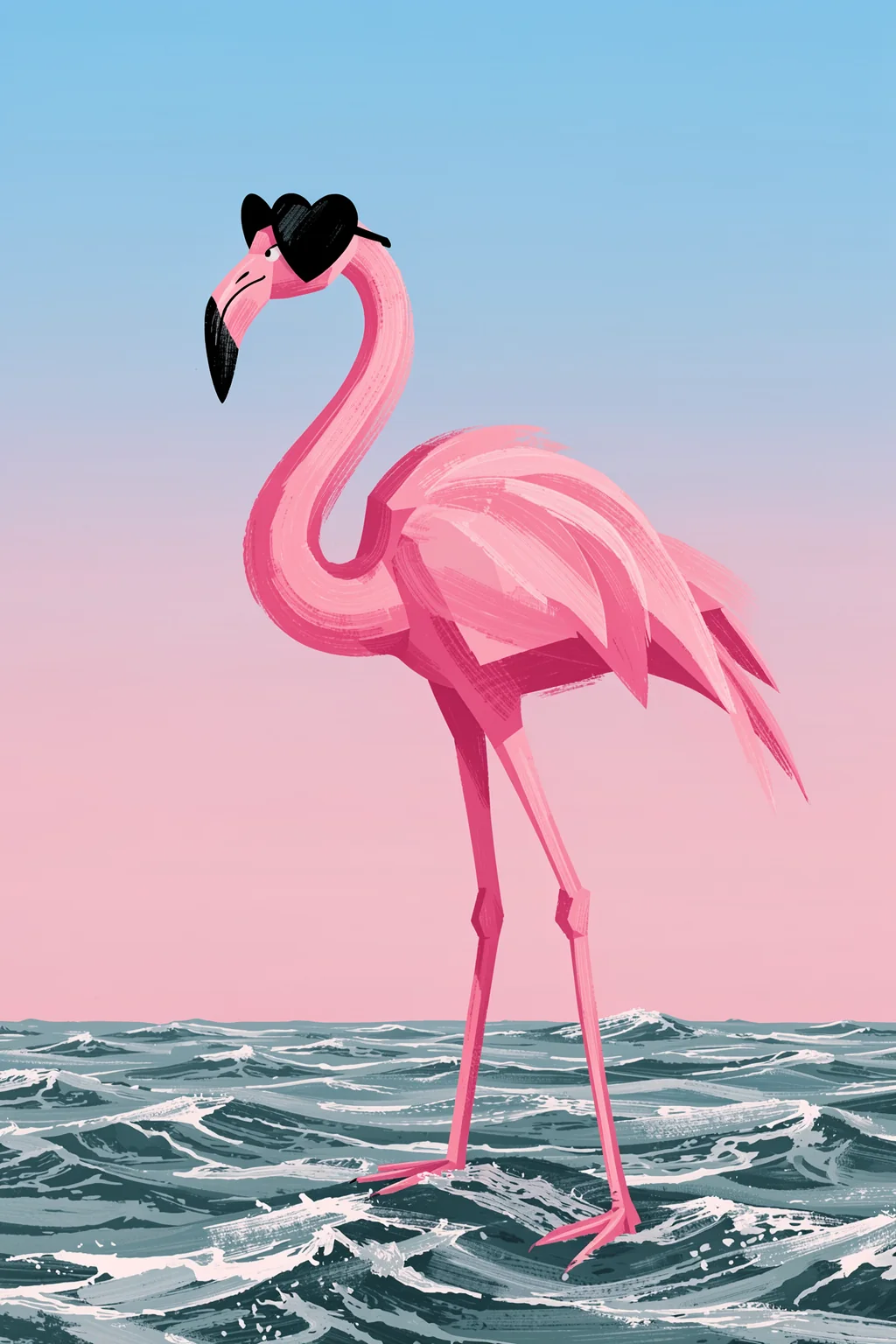 Cool Pink Flamingo. A pink flamingo in black heart-shaped sunglasses stands in choppy grey-blue water beneath a blue-to-pink sky.