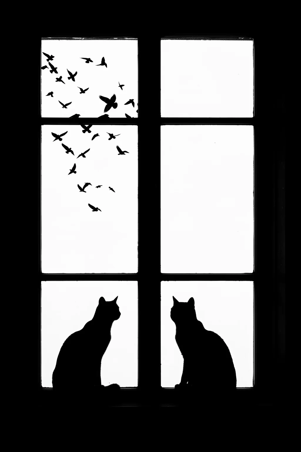 Black Cat Window View. Two black cat silhouettes sit at the base of a dark-framed window, with small birds visible in the bright sky outside.