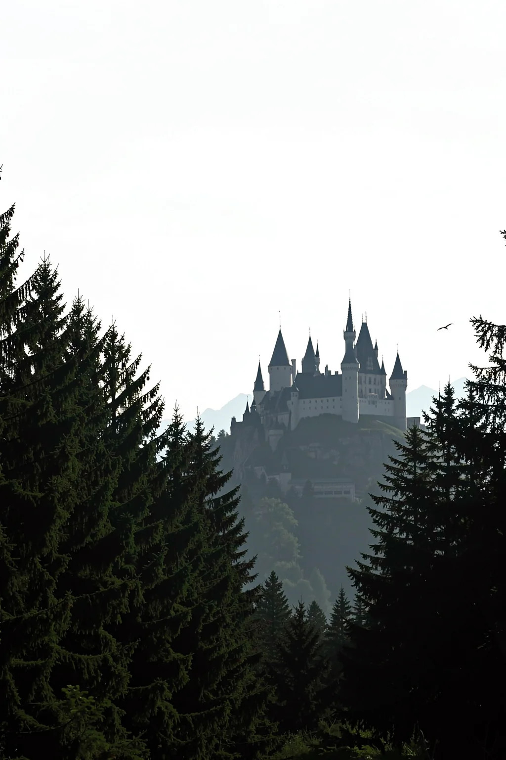 Dreamy Bavarian Castle. A distant Bavarian-style castle sits on a ridge framed by dark evergreen trees beneath a hazy sky.