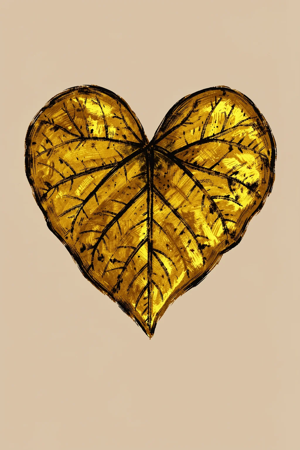 Golden Botanical Leaf. A golden heart-shaped leaf with fine dark vein-like sketch lines sits on warm beige.