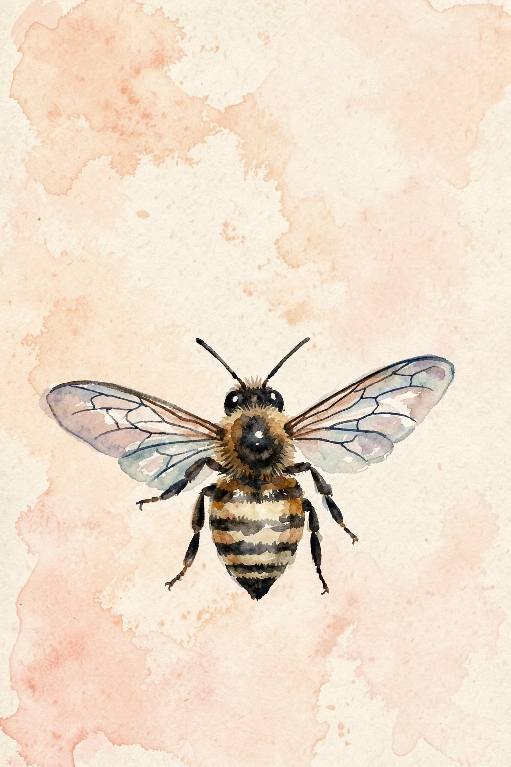 Artistic Flying Bumblebee. A front-facing watercolor-style bumblebee spreads its wings over a pale peach wash.
