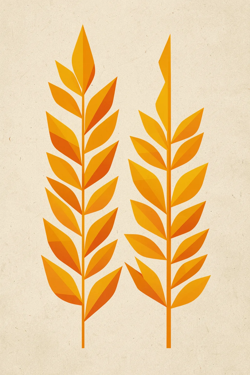 Autumn Leaf Dance. Two stylized golden-orange leafy stems are arranged on a textured cream background.