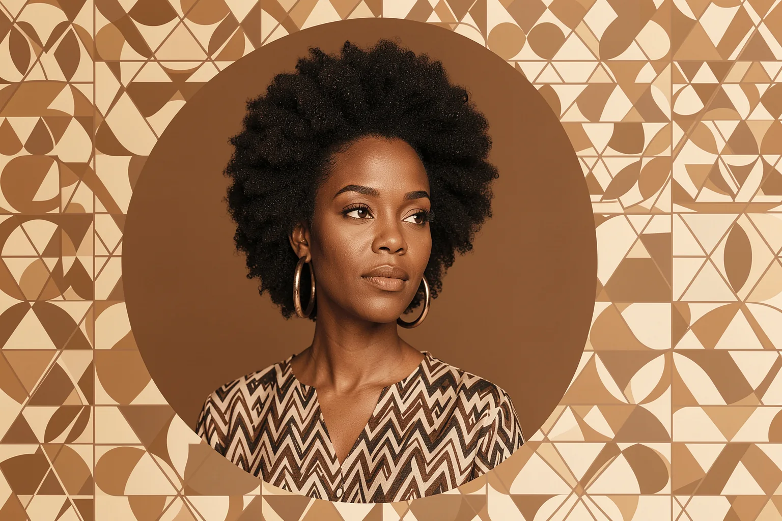 Confident Afro Woman. A Black woman with a natural afro and hoop earrings is portrayed against a geometric tan patterned background.
